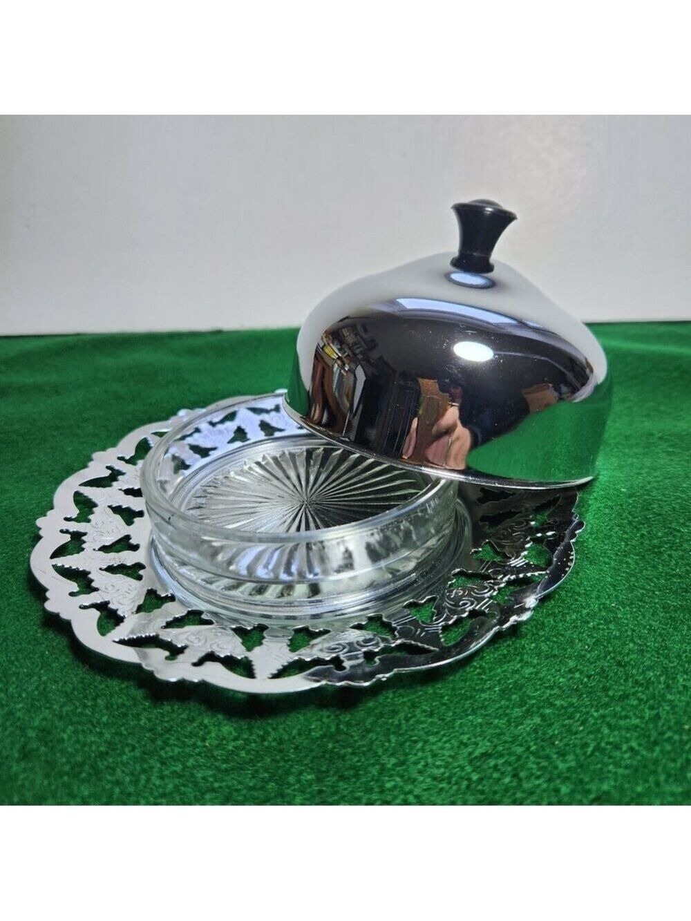 Mid Century Butter Dish with Lid Black Handle Glass Insert 3 Piece Vintage